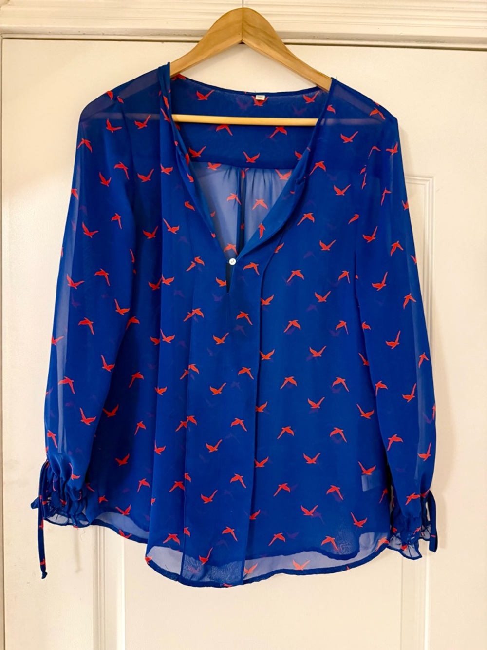 Blue Sheer V-Neck Long Sleeve Top with Red Bird Print
